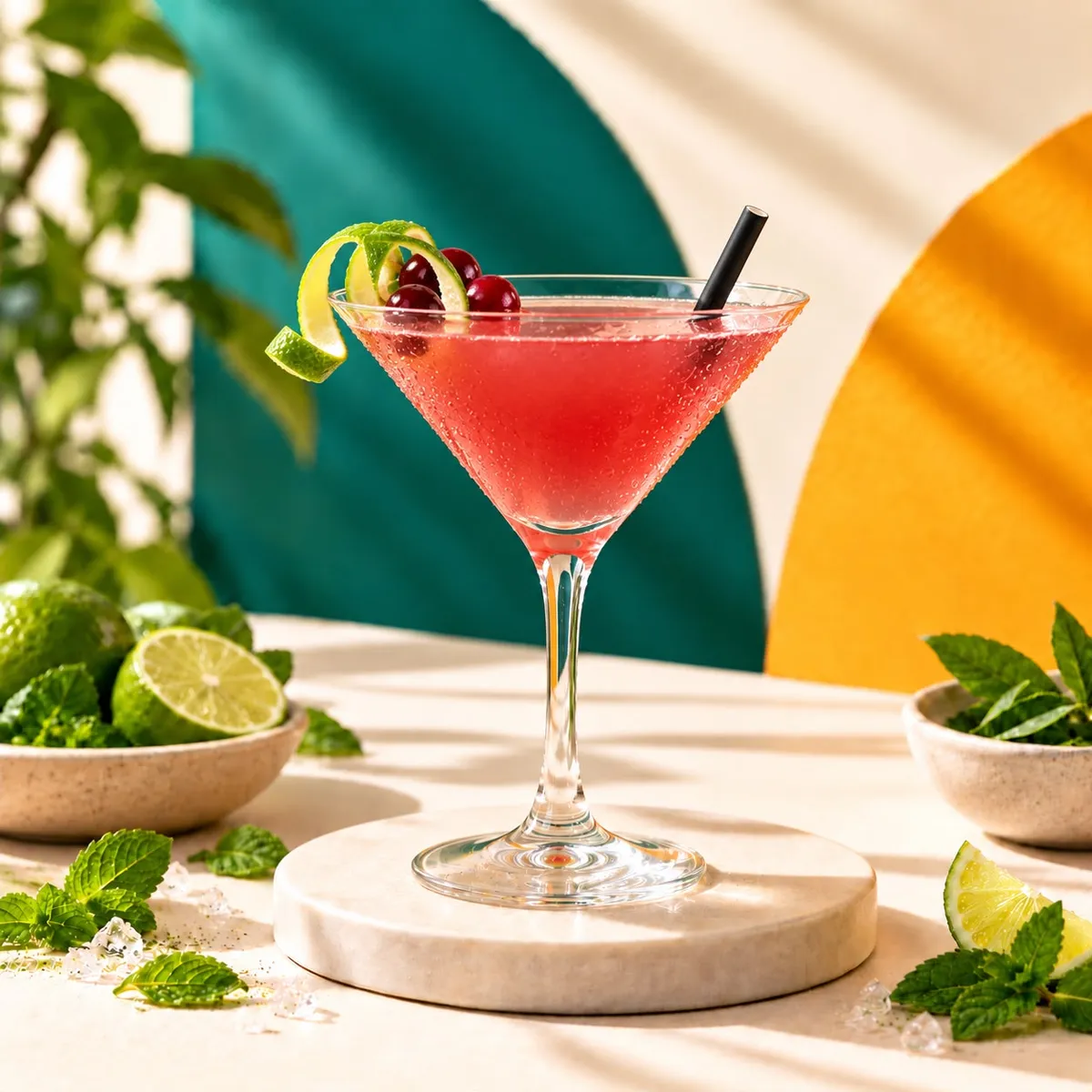 Cosmopolitan in a martini glass with a black paper cocktail straw