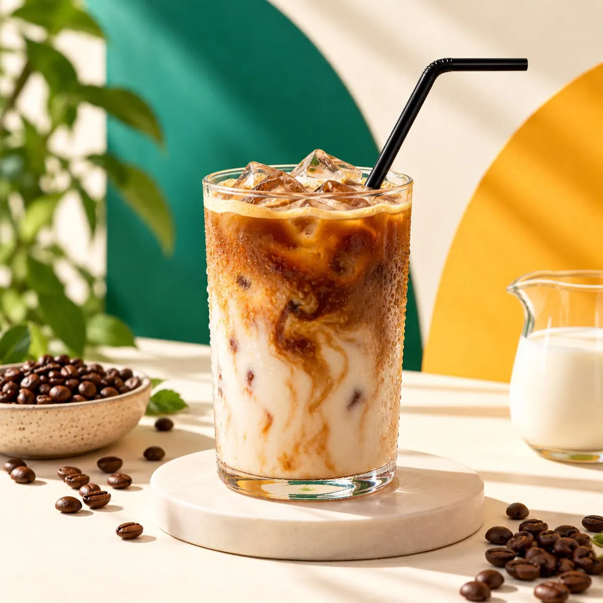 Iced latte in a tall glass with a black flexi straw