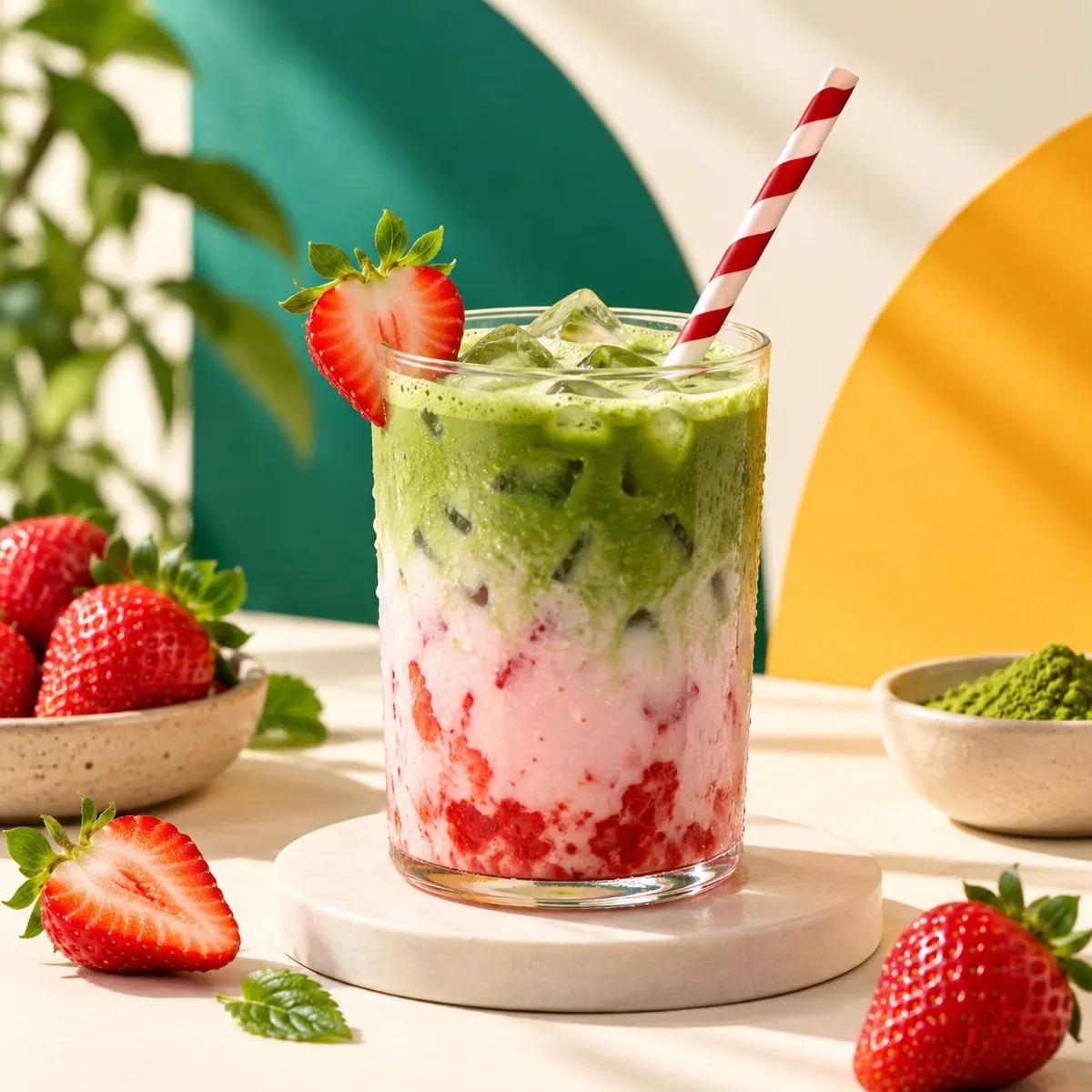 Strawberry matcha with a red stripe paper straw